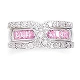 Rhodium Plated Sterling Silver 2 Ring Set with Pink CZ Band and "X" Shape Clear CZ Band