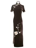 Chinese Clothing, Silk Velvet Flower Embroidery Long Dress (Dark Brown)