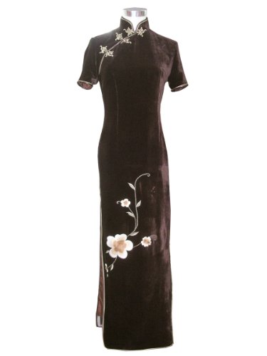Chinese Clothing, Silk Velvet Flower Embroidery Long Dress (Dark Brown)