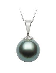 14K White Gold 18" Pendant Necklace with AAA Quality 13-14mm Round Tahitian Black Pearl
