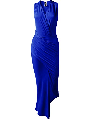 Solid-Color-Wrapped-VNeck-Ruched-Skirt-Midi-Dresses-Royal-Blue-L