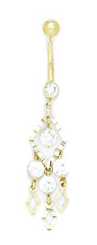 14k Yellow Gold CZ 14 Gauge Dangling Fancy Drop Body Jewelry Belly Ring - Measures 50x11mm
