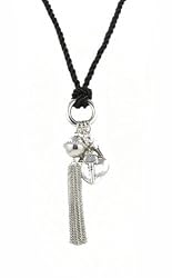 Necklace - N441 - Heart, Key, Cupid and Ball Tassel Pendant ~ Silver Tone - hung on Triple Strand Twisted Black Satin / Silk Cord (21") + 2" Extension Chain