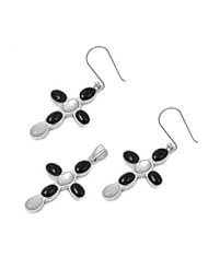 BLACK ONYX & MOTHER PEARL DANGLE CROSS, Sterling Silver Rim Earrings and Pendant Jewelry Set