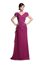V-neck Acrylic/Charmeuse/Chiffon  Short Sleeves Evening Dress  With Rhinestones