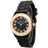 Black Rosegold Silicone Rubber Jelly Watch w/ Crystal Rhinestones Face Bling Bezel