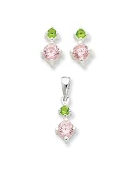 Sterling Silver Pink & Green CZ Earring & Pendant Set. Metal Wt- 3.25g