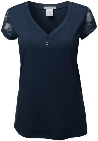 Doublju Plus Womens Basic Short Sleeve V-Neck Henley T-Shirt Big Size Darkblue XXL