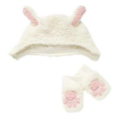 bluezoo-Baby's white rabbit ear hat and mittens 