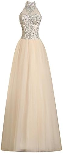 Beckydress Women's Halter Long Rhinestones Tulle Formal Prom Dresses Gown (Us Size 8, picture color)