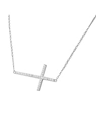 Sterling Silver Womens Horizontal Cross White Crystals CZ Pendant Necklace
