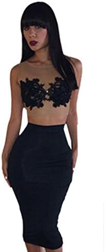 Hi Holiday Women's Sleeveless 2 Piece Bodycon Set Crop Top and Pencill Skirt Black