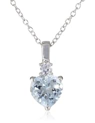 Sterling Silver Aquamarine and Created White Sapphire Heart Pendant Necklace, 18"