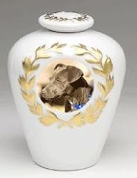 Photo Pet Urn - Two Piece Cremation Urn with Gold Leaf Motif Customized with Your Best Friends Photo - 9.5"