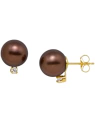 Chocolate Tahitian Pearl Earrings with Diamonds in 14K Yellow Gold (9-10mm)