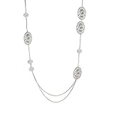 14k White Gold Rhodium Plated Textured Charm Necklace with Clear Glass Crystal & CZ Accents- 30 IN + 3 IN