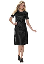 Plus Size Empire   Waistline Short Sleeves Leather Fit-and-Flare  Dress