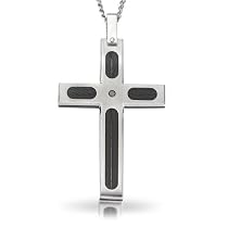 Men's STEL Stainless Steel Cross Pendant with Black Cable Inlay and 1-05ct Genuine Black Diamond complete with Stainless Steel Curb Chain