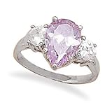 Sterling Silver Rhodium Plated Ring with Pear Shaped Lavender CZ and Heart CZ Sides / Size 6