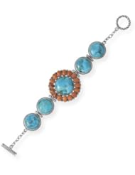 925 Sterling Silver 7.5 Inch Turquoise and Coral Sunburst Toggle Bracelet