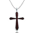 Stainless Steel Pendant Brown Wood Inlay Cross 24 Inch Polished Ball Chain - W36mm x H 48mm