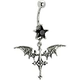 Jet Cubic Zirconia Gothic Bat Cross Belly Ring