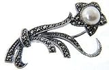 Sterling Silver Marcasite and Simulated Pearl Vintage Flower Brooch