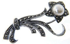 Childrens Toyshop  Jewelry : Sterling Silver Marcasite and Simulated Pearl Vintage Flower Brooch