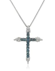 Womens 10K White Gold Blue and White Diamond Cross Pendant Necklace (1/4 cttw,Blue/ I-J Color, I2 Clarity) 18"