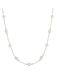Sterling Silver Chain, Freshwater Pearl and 6 Station Rainbow Moonstone Necklace, 18"
