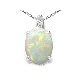 1.52 cttw 14k White Gold Genuine Oval Opal and Diamond Pendant - 14kt White Gold