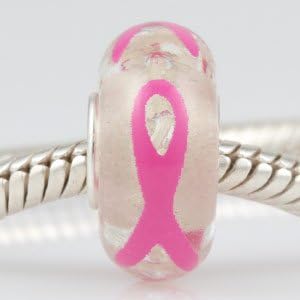 Breast Cancer Awareness Pink Ribbon Glow in the Dark Fluorescent Murano Glass Bead 925 Sterling Silver Solid Core Charm Fits Pandora Chamilia Biagi Troll Beads Europen Style Bracelets