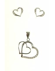 kala-isjewels - Silver Sterling Ladies CZ "Double Hearts" Pendant (0,94") and Earrings Set .