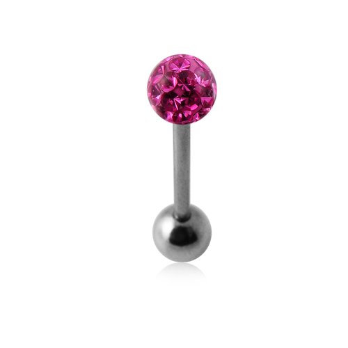 Pink Epoxy Multi Crystal Stone Tongue Ring. 14Gx5/8(1.6x16mm) 316L Surgical Steel Barbell with 6MM Crystal Stone Ball and 6MM Surgical Steel Ball.