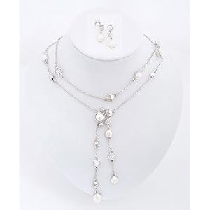 Classic Dangling Pearls with Chain Necklace and Earring Set in Fancy Gift Box with Free Shipping
