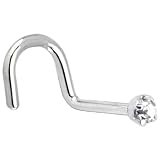 Solid 14KT White Gold 2mm Clear Cubic Zirconia Right Nostril Screw- 20 Gauge