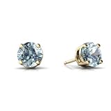 14K Yellow Gold Round Genuine Aquamarine Stud Earrings