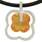 14K White Gold Flower-Shaped Pendant, Centered with a Citrine Semi-Precious Color Stone and Enhanced with Pave Set Diamonds, Sliding on a Rubber Chain Set with a 14K White Gold Clasp.
