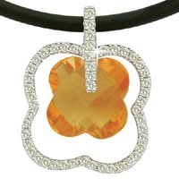 14K White Gold Flower-Shaped Pendant, Centered with a Citrine Semi-Precious Color Stone and Enhanced with Pave Set Diamonds, Sliding on a Rubber Chain Set with a 14K White Gold Clasp.