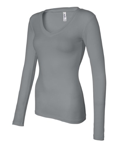 Ladies' Long Sleeve Sheer Rib Longer Length V-Neck T-Shirt