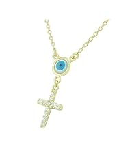 Sterling Silver Gold Womens Cross Evil Eye White Crystals CZ Pendant Necklace