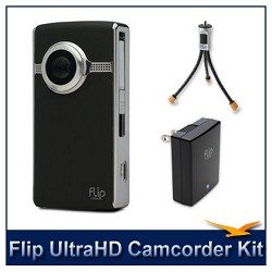 Flip Video UltraHD Camcorder (Black), 120 Minutes Recording Time, 1280 x 720p HD MP4, 8GB Internal Memory, 2x Digital Zoom, 2 LCD, 'AA' Battery Pack, Flip Video Power Adapter for Flip Ultra 2nd Gen, Flip Tripod for Flip Ultra and Mini Camcorders