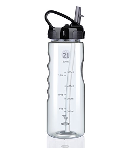 Water Bottle, VCOO 21Oz BPA-Free Sports Water Bottle With Flip Straw Cap and Handle - Wide Mouth Spill and Leak Proof Water Bottle for Gym, Yoga, Cycling, Running, Hiking, Outdoors Water Bottle, Grey