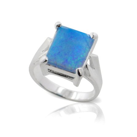 Large Emerald-Cut Created Rectangular Blue Opal Sterling Silver Ring(Sizes 6,7,8,9)