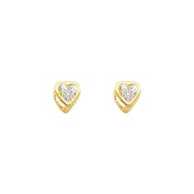 14K Yellow Gold 4mm Heart Bezel Set April CZ Birthstone Stud Earrings for Lady and Children (White Tapaz)