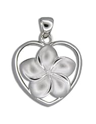 Hawaiian Jewelry Silver Small Plumeria Flower Heart Pendant