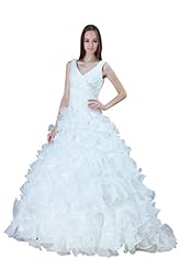 V-neck  Full Length  Organza Sleeveless  Ball Gown Wedding Dress  with a Chapel Train  With Ruffles