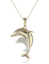 10k Yellow Gold Mom and Baby Dolphin with Diamonds Pendant Necklace (0.03 cttw, I-J Color, I2-I3 Clarity), 18"