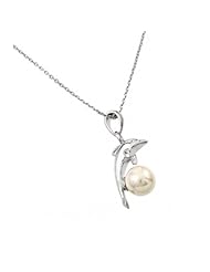 Rhodium Plated 925 Sterling Silver High Polish Dolphin Leaping Over Pearl Design Charm Pendant Necklace with 18" inch Link Chain