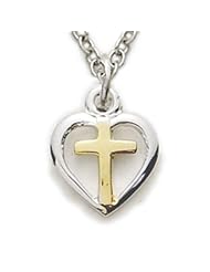 Sterling Silver 2-Tone Heart Necklace in a Centered Cross Design Womens Religious Jewelry Religious Heart Jewelry Gift Boxed.w/Chain 18" Length Gift Boxed.